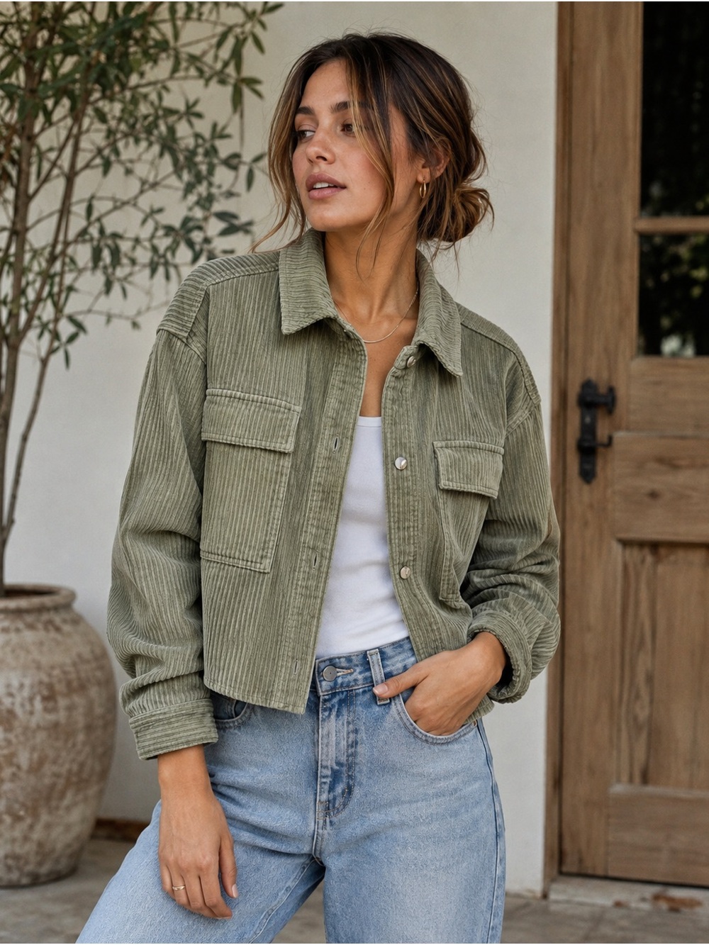 Zara Sage Green Corduroy Cropped Jacket Shacket - Size XS